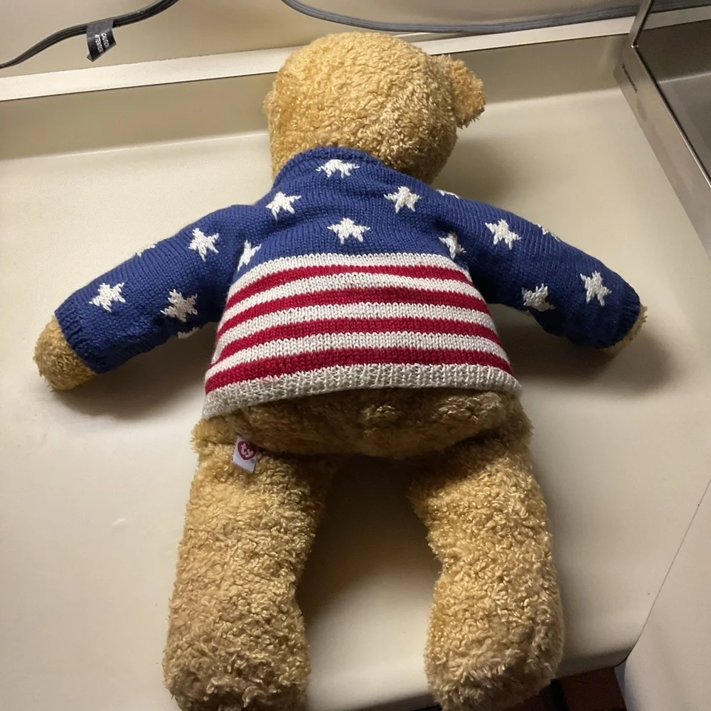 Adorable Large Ty “CURLY” Bear 🐻 with Blue, White & Red Patriotic Flag🇺🇸 Sweater